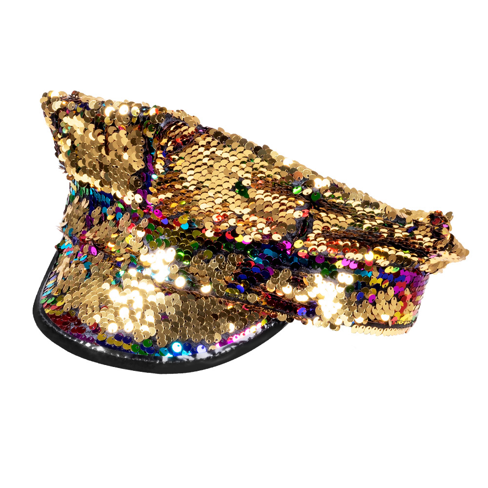 Kapiteinspet Rainbow switch (omkeerbare pailletten regenboog/goud)