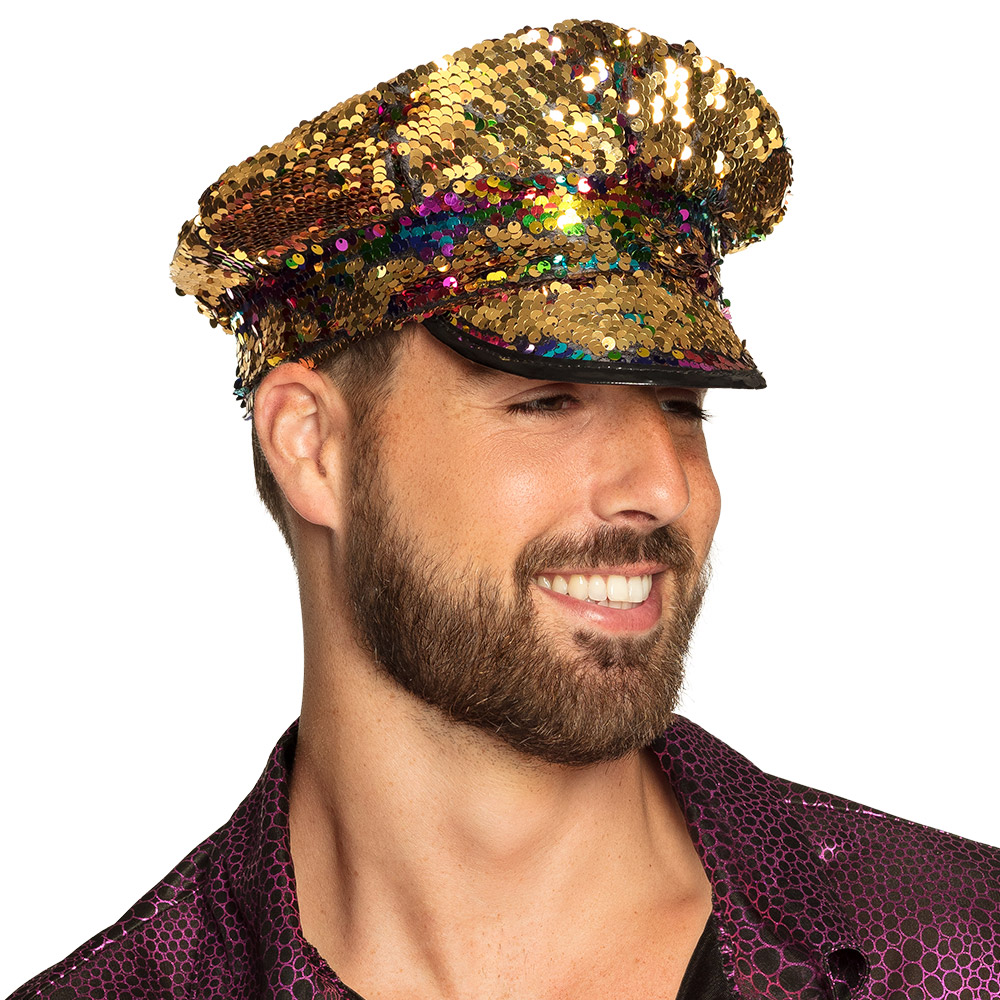 Kapiteinspet Rainbow switch (omkeerbare pailletten regenboog/goud)