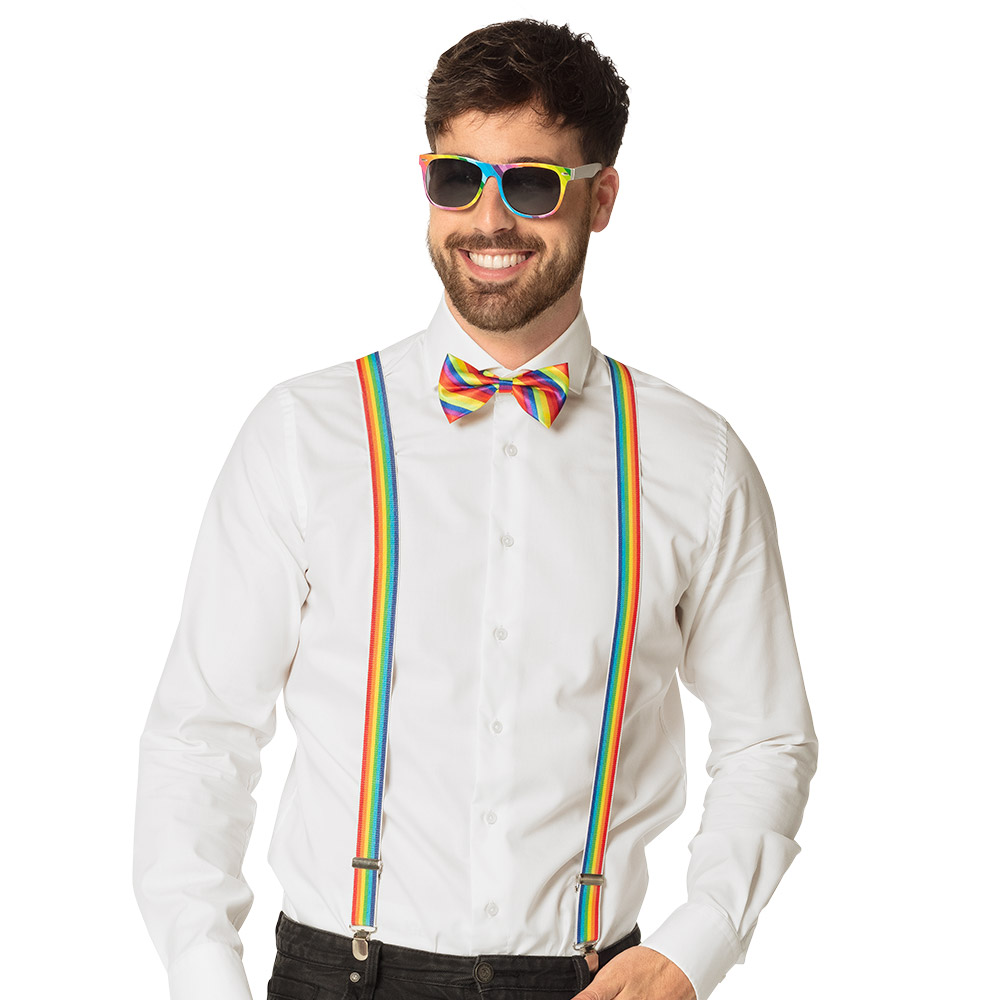 Set Classic regenboog (partybril, vlinderstrik en bretels)