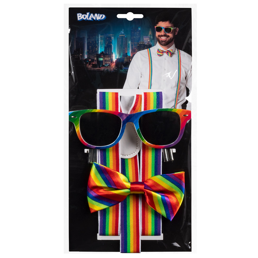 Set Classic regenboog (partybril, vlinderstrik en bretels)