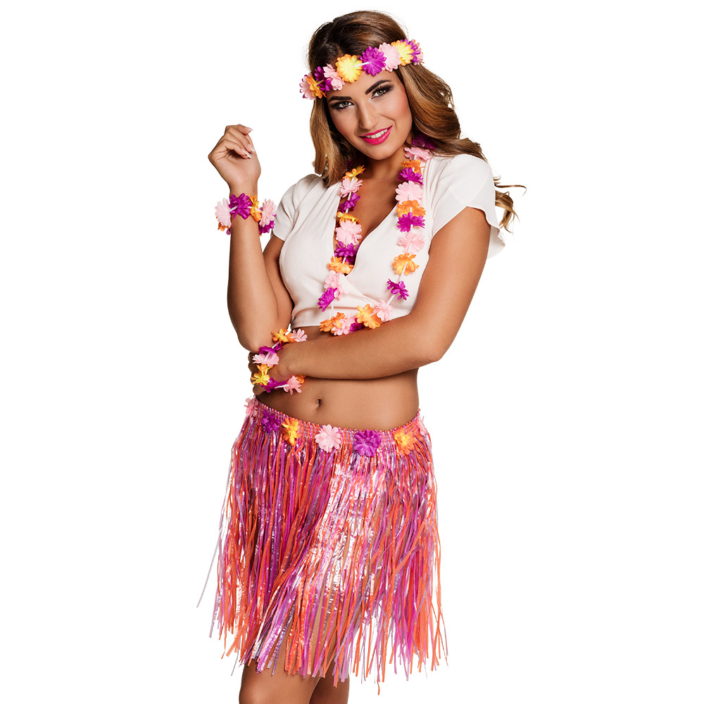 Set Kiki (hoofdband, hawaïkrans, 2 armbanden en rokje)