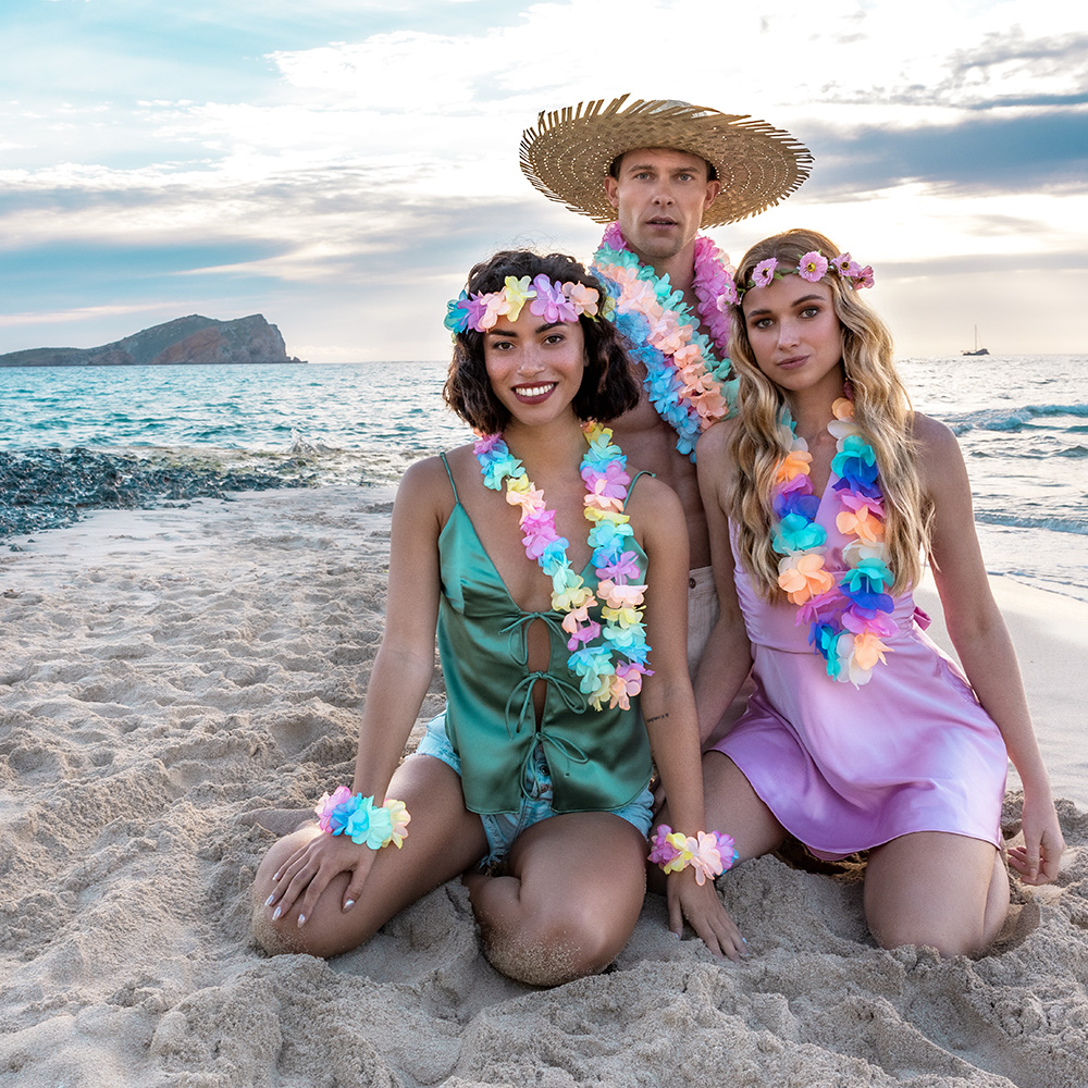 Hawaïset Pastel (hoofdband, hawaïkrans en 2 armbanden)