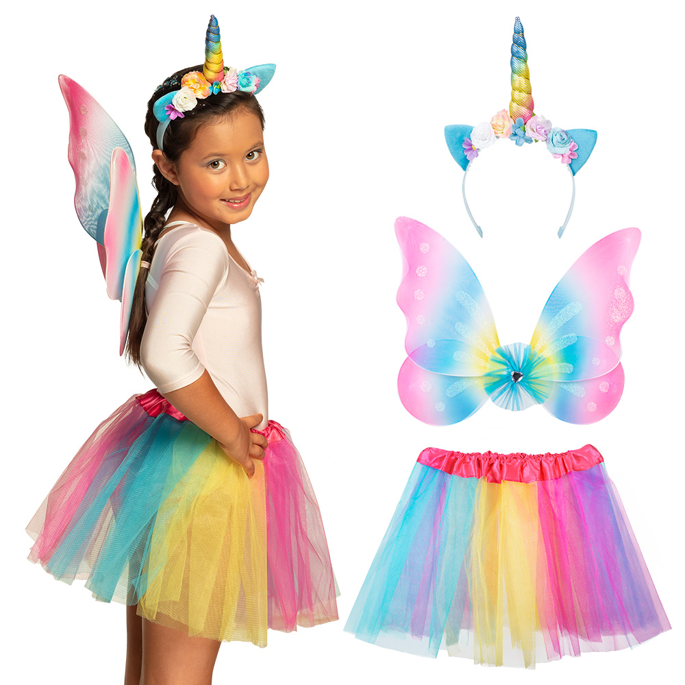 Set Eenhoornfee (diadeem, vleugels en tutu)