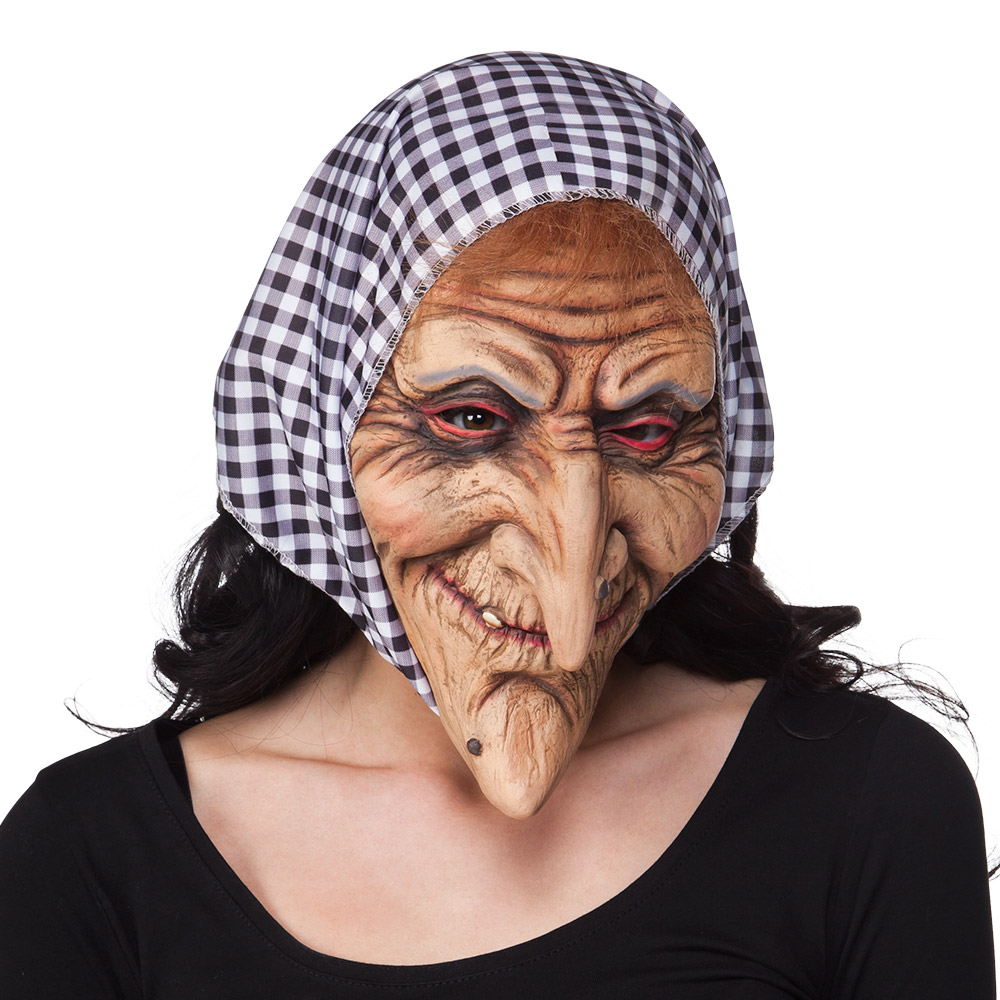 Latex hoofdmasker Heks met kap zwart/wit