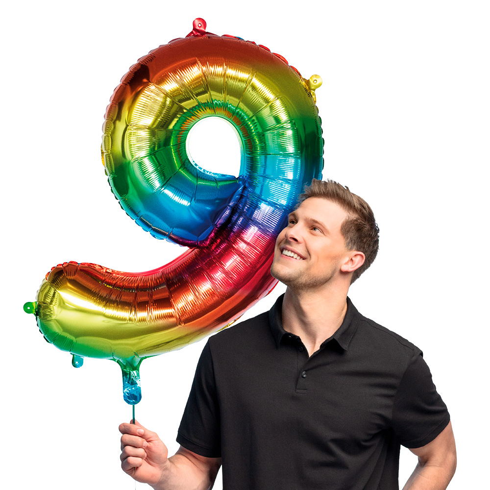 Folieballon '9' regenboog (86 cm)