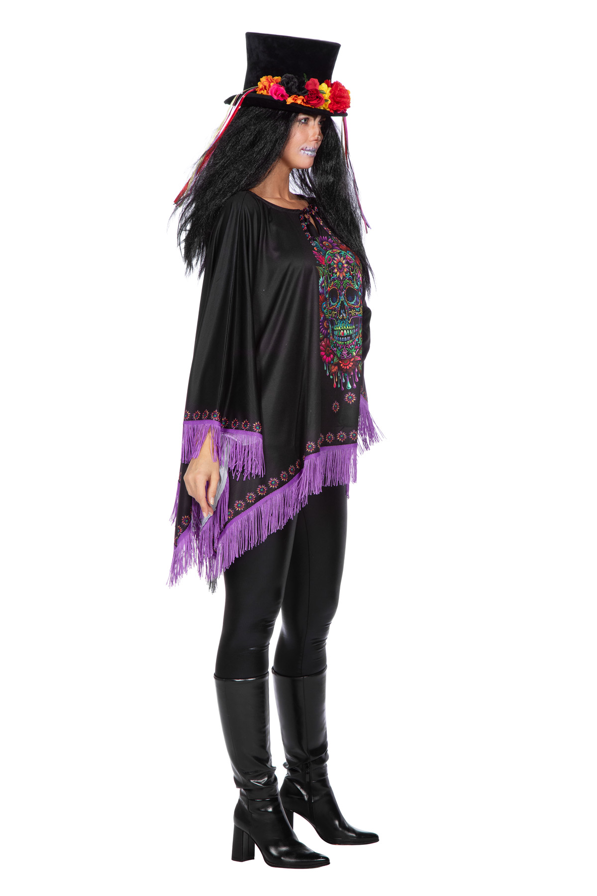 Day of the Dead poncho met paarse franje (V)