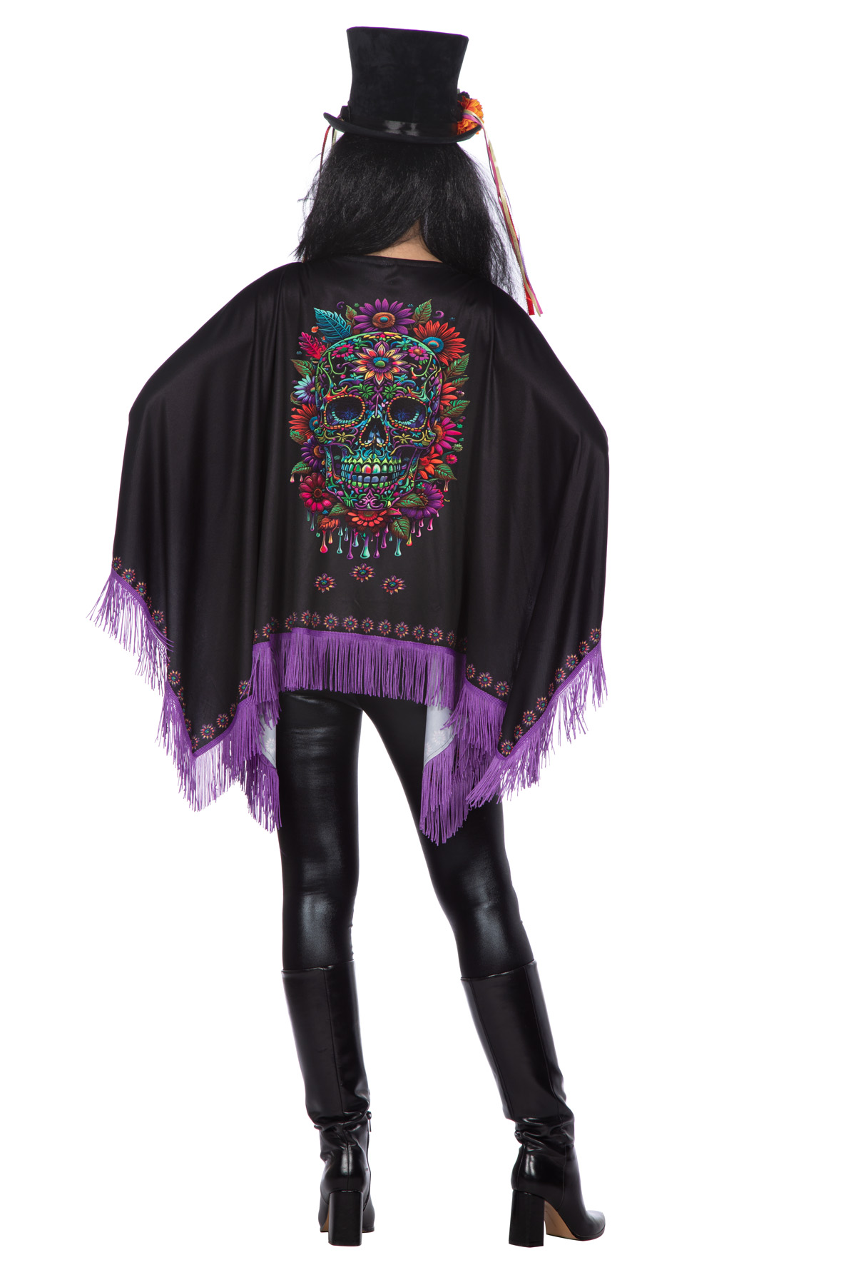 Day of the Dead poncho met paarse franje (V)