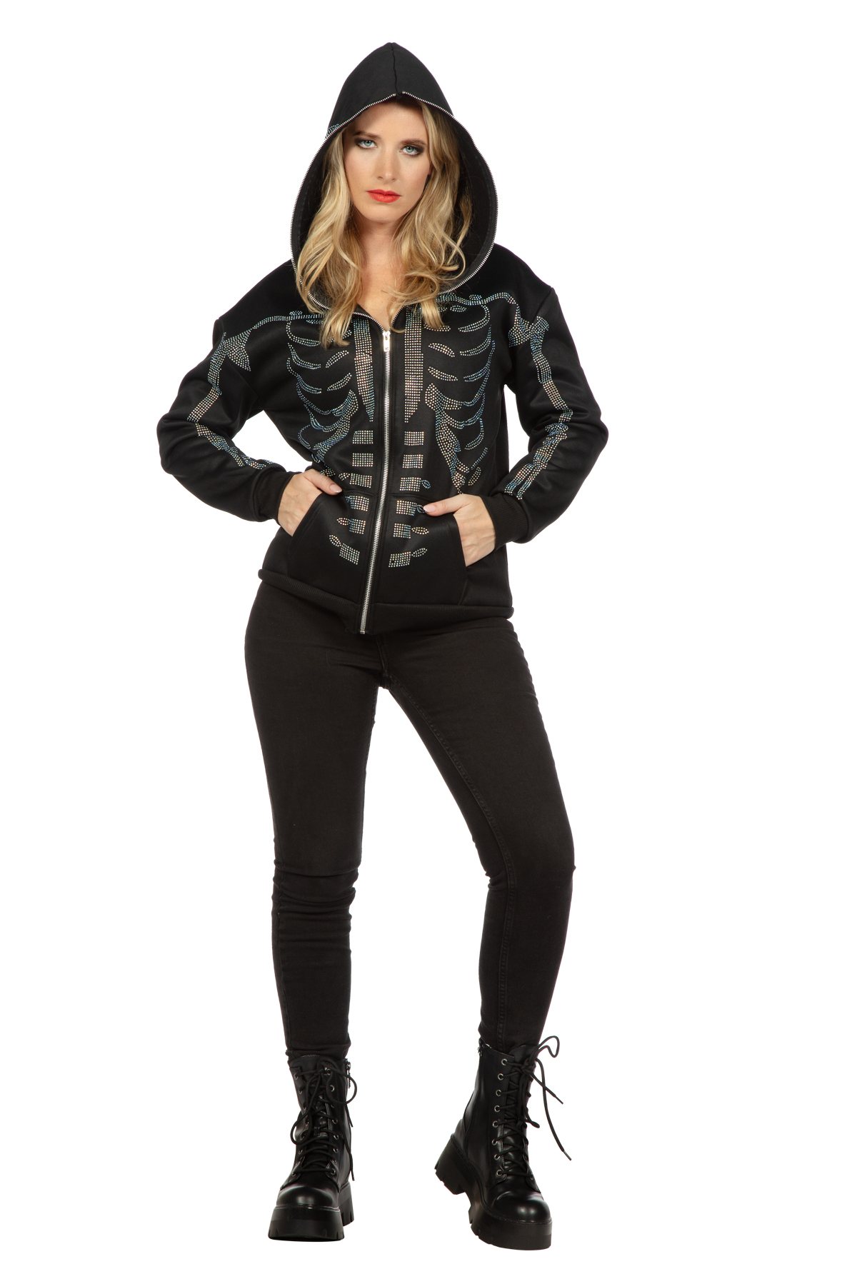Hoodie met rits skelet strass steentjes