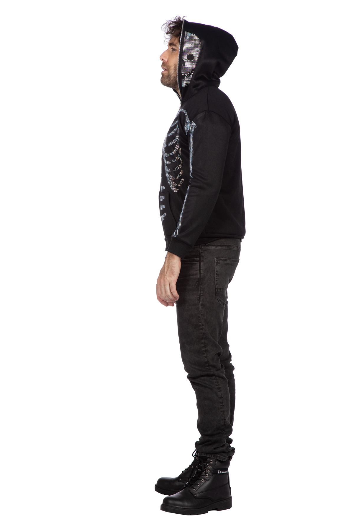 Hoodie met rits skelet strass steentjes