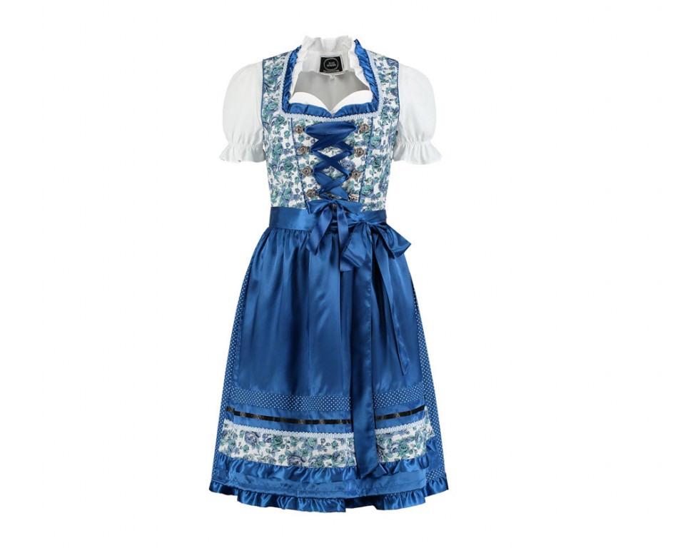Dirndl jurkje 3-delig blauw wit bloemdesign
