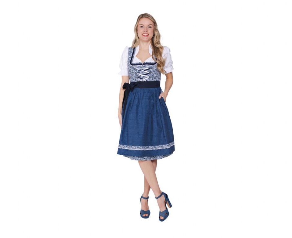 Dirndl jurkje 3-delig blauw bloemen polka dot 100% katoen