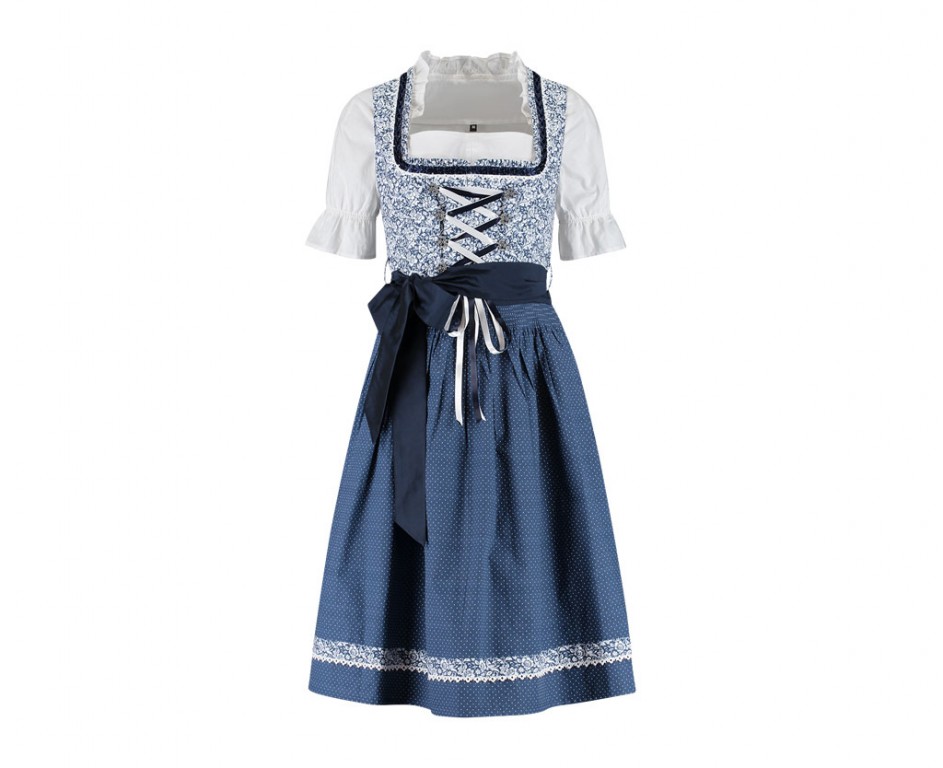 Dirndl jurkje 3-delig blauw bloemen polka dot 100% katoen