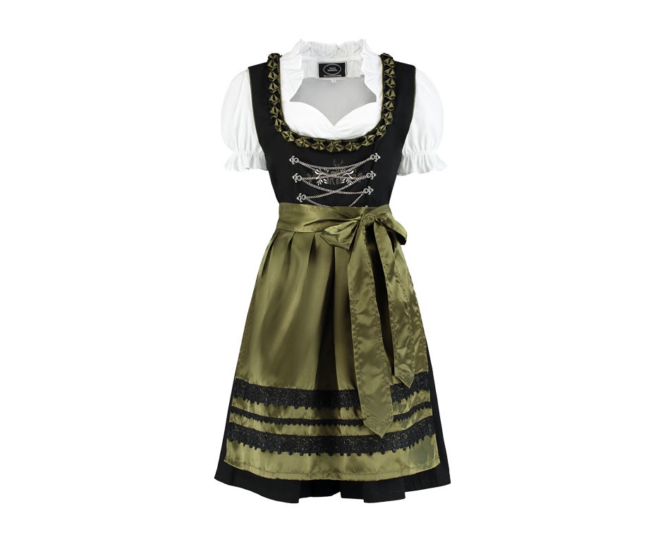 Dirndl jurkje 3-delig zwart/olijfgroen 100% katoen