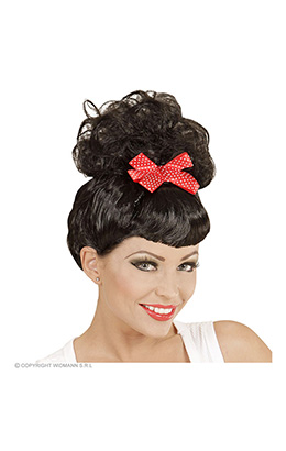 pruik, rock pin up girl zwart met rode strik