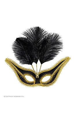 oogmasker zwart met goud en veren