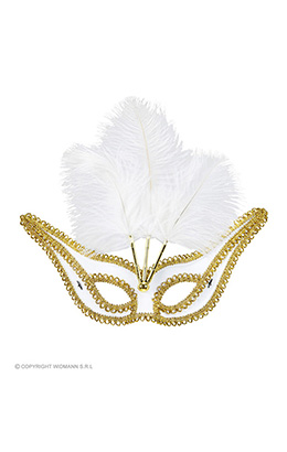oogmasker wit met goud en veren