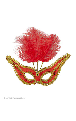 oogmasker rood met goud en veren