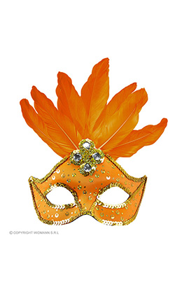 oogmasker brazilie met veren en parels, neon oranje