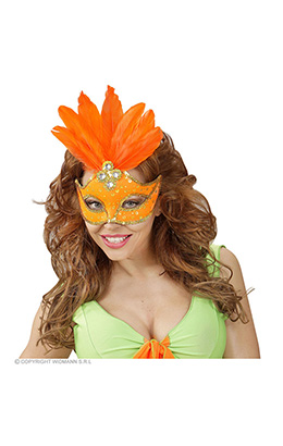 oogmasker brazilie met veren en parels, neon oranje