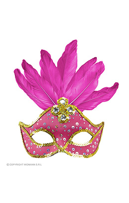 oogmasker brazilie met veren en parels, neon rose