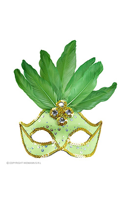 oogmasker brazilie met veren en parels, neon geel