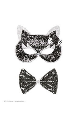 oogmasker kat met strikje zwart/zilver