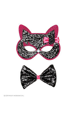 oogmasker kat met strikje zwart/rose