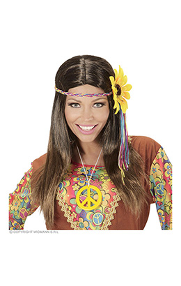 pruik, hippie bruin met meerkleuren bloem hoofdband