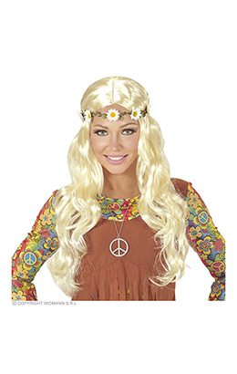 pruik, hippie/ middeleeuwen blond met bloemen hoofdband