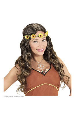 pruik, hippie bruin met zonnenbloem hoofdband