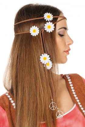 Haarband bruin met bloemetjes & peace-tekens