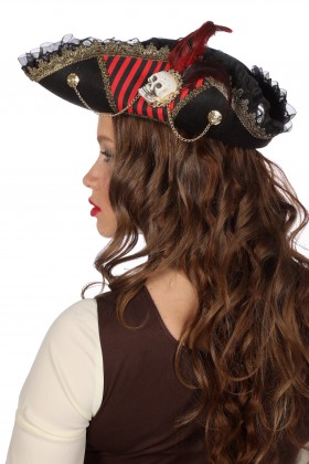 Piratenhoed  luxe zwart/rood gestreept
