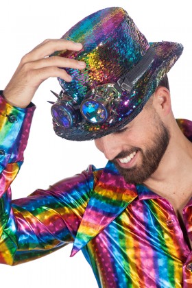 Hoge hoed Burning Man rainbow (met bril)