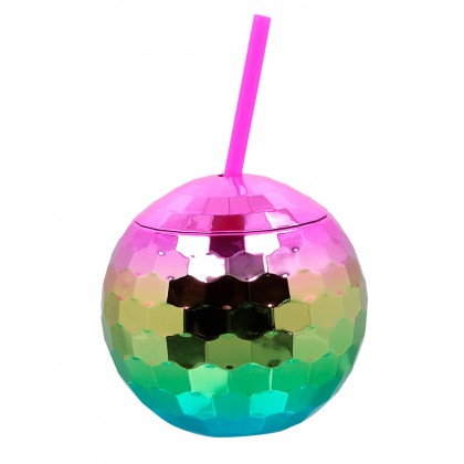 Discobal drinkbeker met rietje regenboog (60 cl)