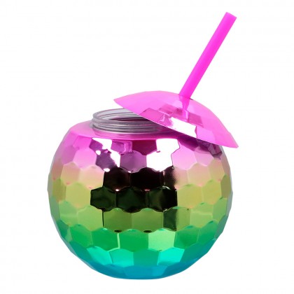 Discobal drinkbeker met rietje regenboog (60 cl)