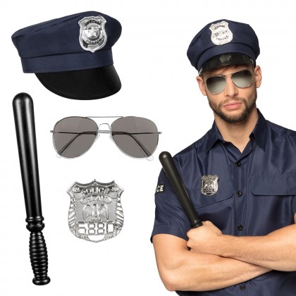 Set Politie (pet, partybril, badge en knuppel 33 cm)