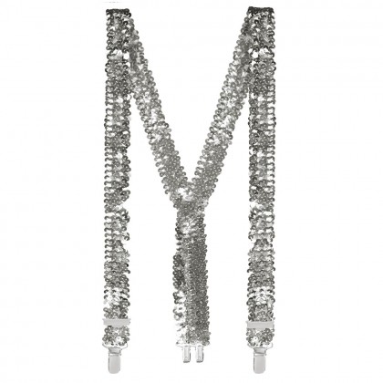 Set Pailletten zilver (partybril, vlinderstrik en bretels)