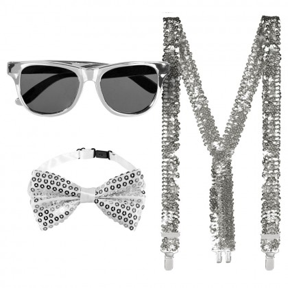 Set Pailletten zilver (partybril, vlinderstrik en bretels)