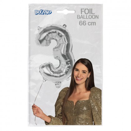 Folieballon '3' zilver (66 cm)