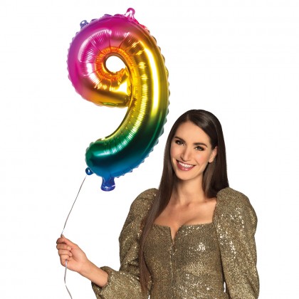 Folieballon '9' regenboog (66 cm)