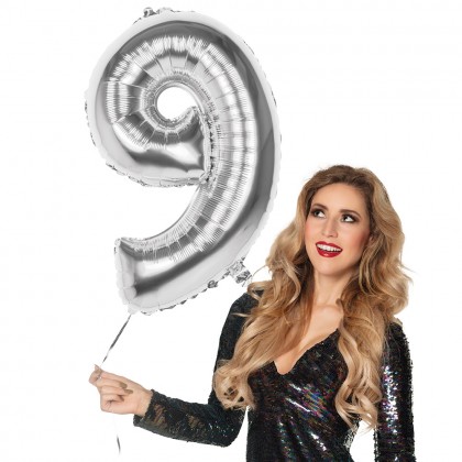 St. Folieballon '9' zilver (86 cm)