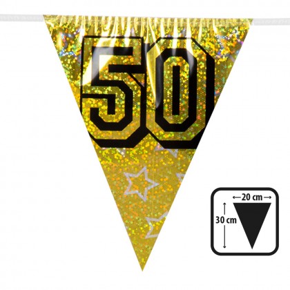 St. Holografische vlaggenlijn '50' goud (30 x 20 cm)(8 m)