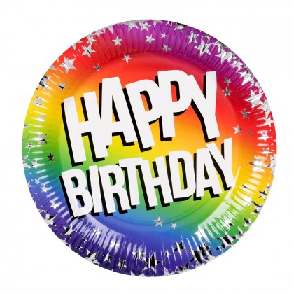 Set 10 papieren bordjes Rainbow 'Happy birthday' (Ø 23 cm)