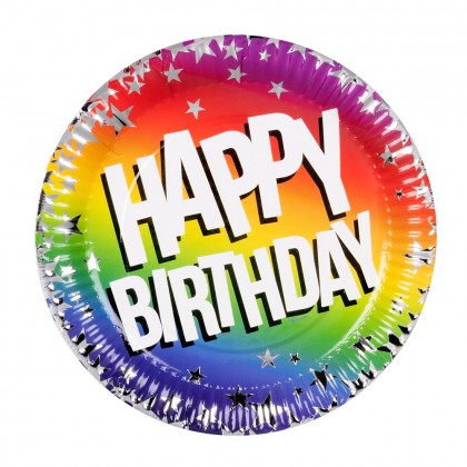 Set 10 papieren bordjes Rainbow 'Happy birthday' (Ø 18 cm)