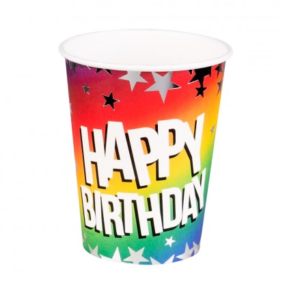 Set 10 papieren bekertjes Rainbow 'Happy birthday' (25 cl)