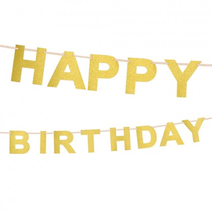 Kartonnen glitter letterslinger 'Happy birthday' goud (2,25 m)