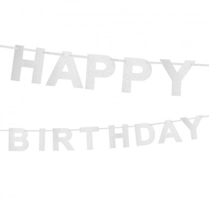 Kartonnen glitter letterslinger 'Happy birthday' zilver (2,25 m)