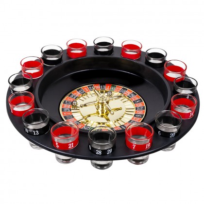 Set drankspel Roulette (rad Ø 30 cm, 16 shotglaasjes en 2 balletjes)