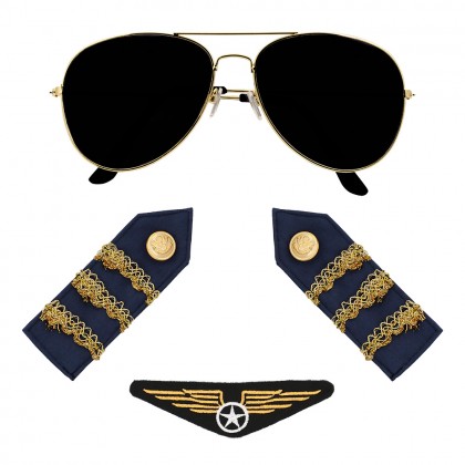 Set Piloot (partybril, badge en schouderstukken)