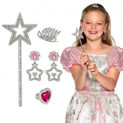 Set Prinses (haaraccessoire, 2 oorbellen, ring en toverstafje 21,5 cm)